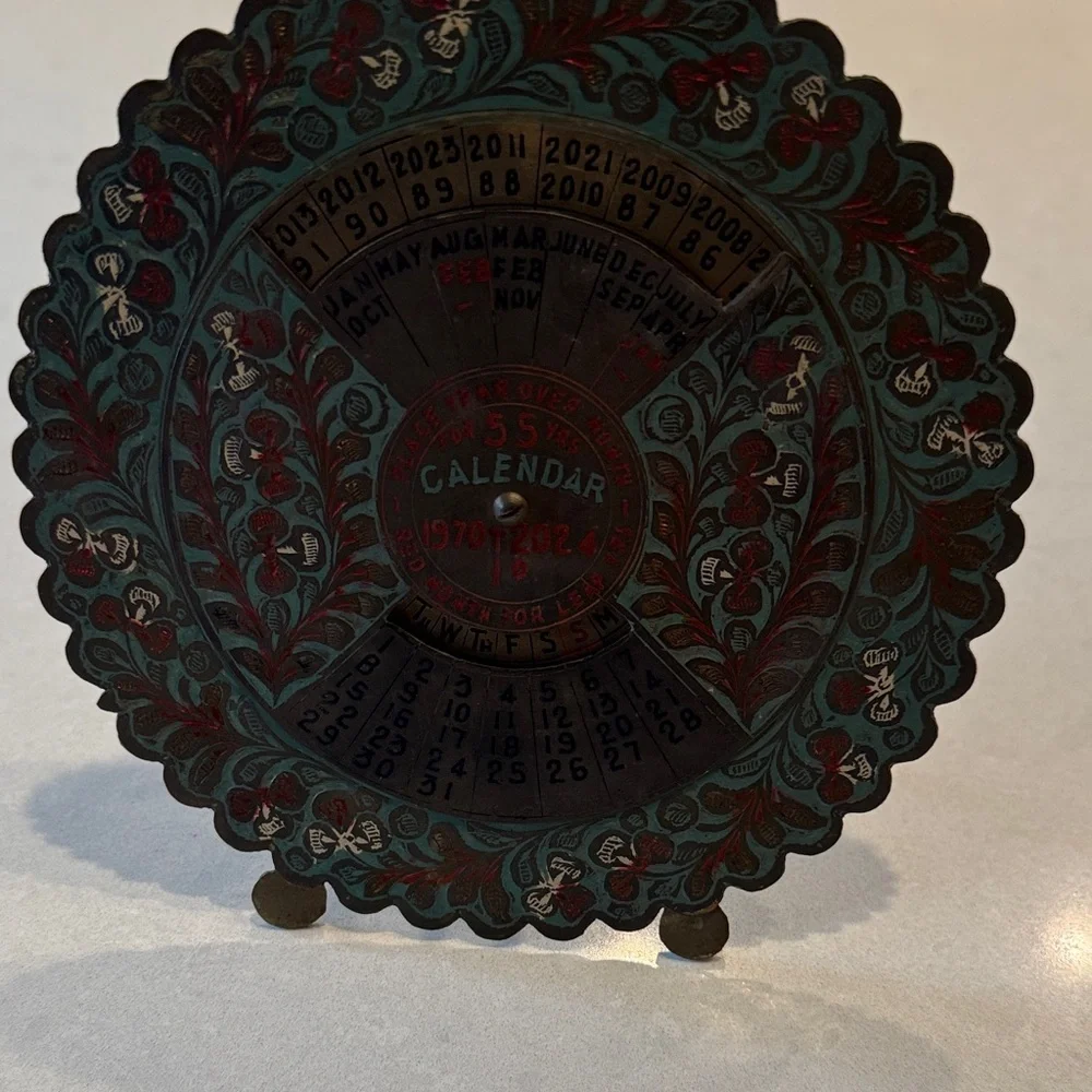 Vintage Perpetual Calendar with Floral Design 1970-2024 brass